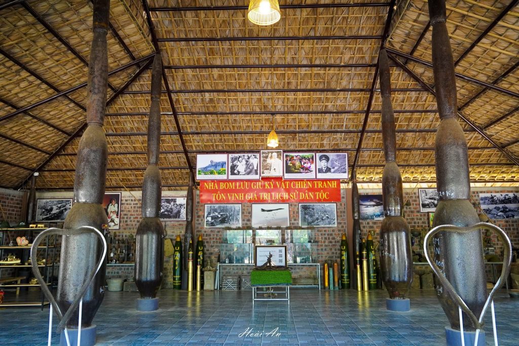 War relics restaurant with deactivated bombs on Hue to Phong Nha DMZ private car tour