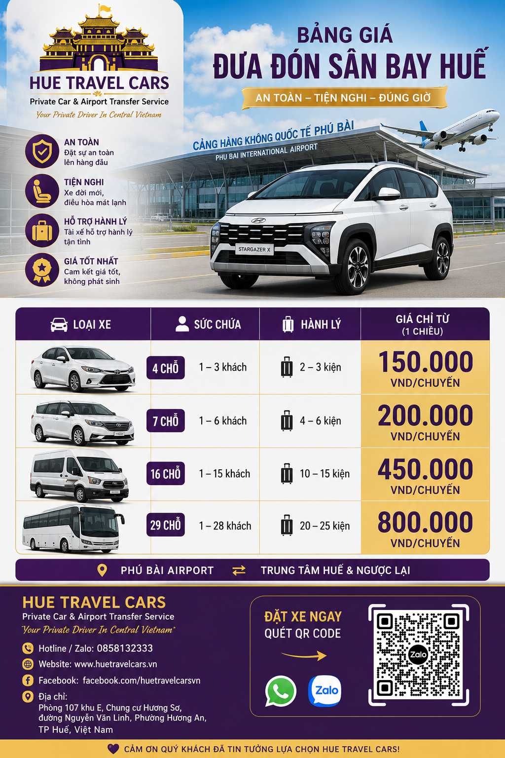 bảng giá dịch vụ xe đưa đón sân bay huế