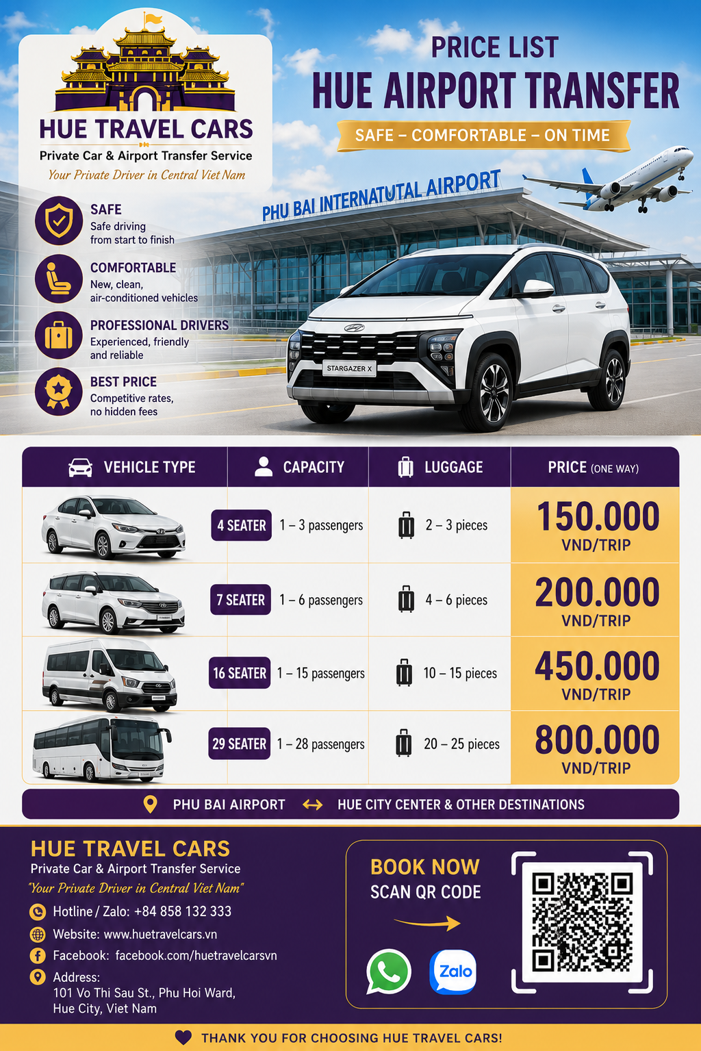 Phu Bai Airport Transfer Price List - Hue Travel Cars