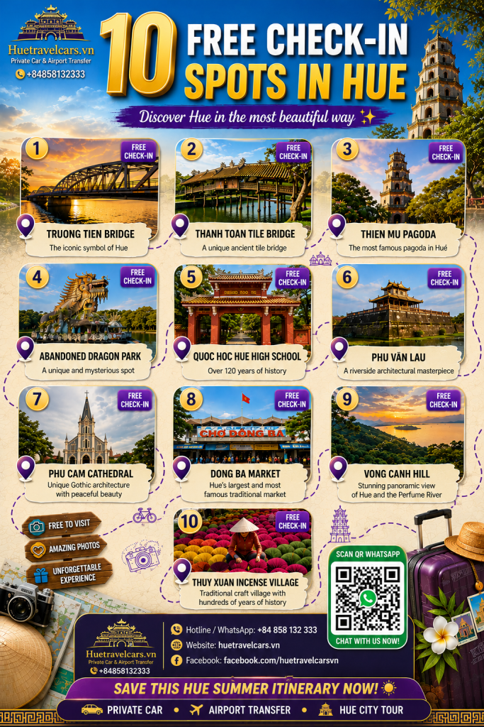 Infographic of 10 stunning free check-in spots in Hue city, featuring Hue Private Car and airport transfer services by Hue Travel Cars.